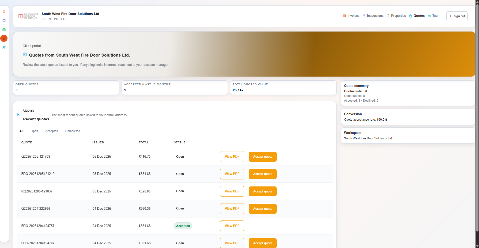 FireDoor Suite client portal showing properties, reports, quotes and invoices.