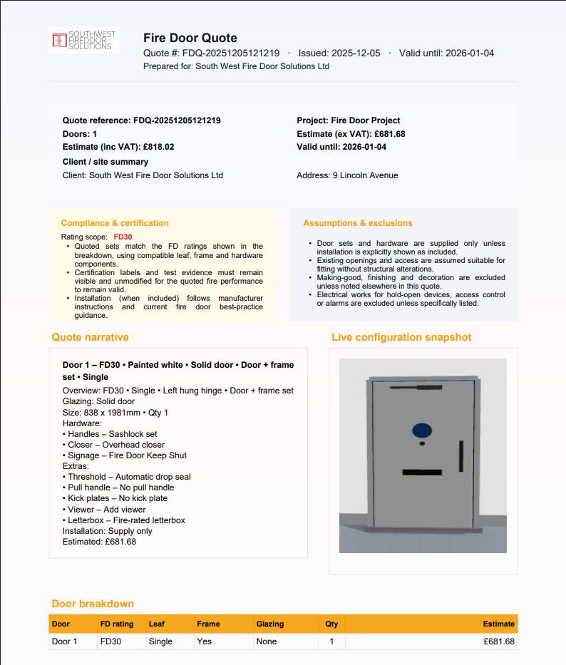 FireDoor Suite documents area showing consistent inspection reports, quotes, RAMs and invoices.