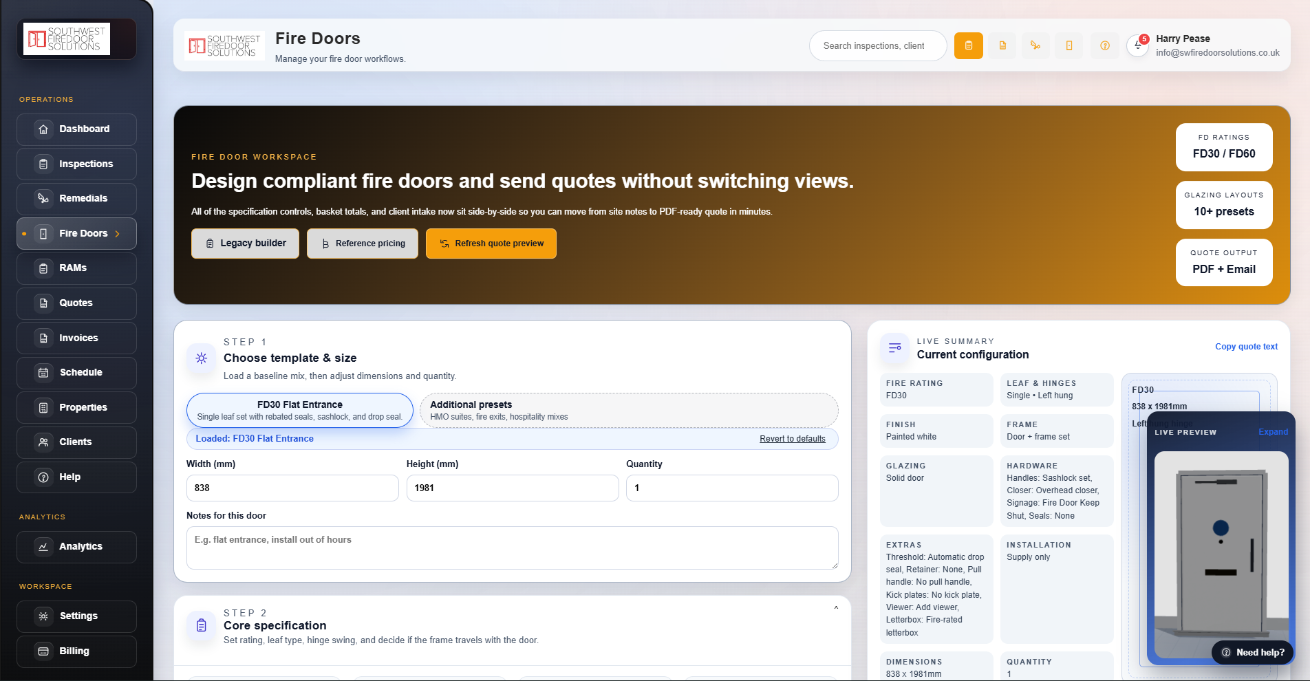 FireDoor Suite quote and RAMs builder based on inspection findings.
