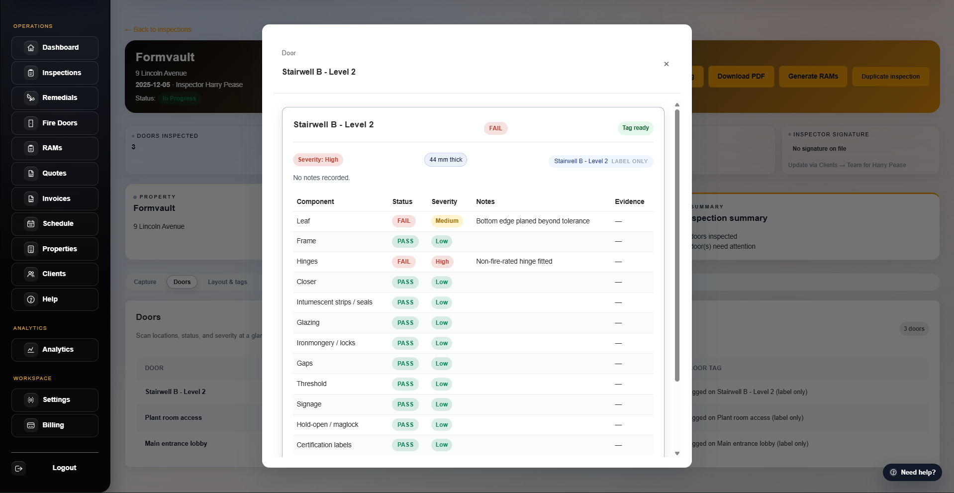 FireDoor Suite inspection board showing doors, issues and remedials for a building.
