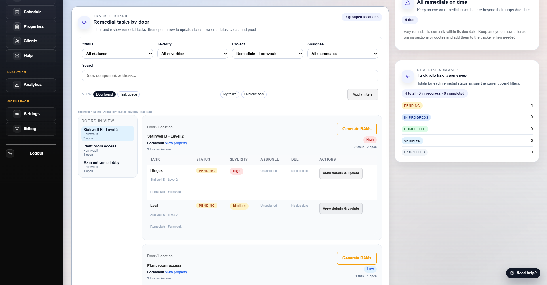 FireDoor Suite remedials and installs schedule showing tasks and crews.